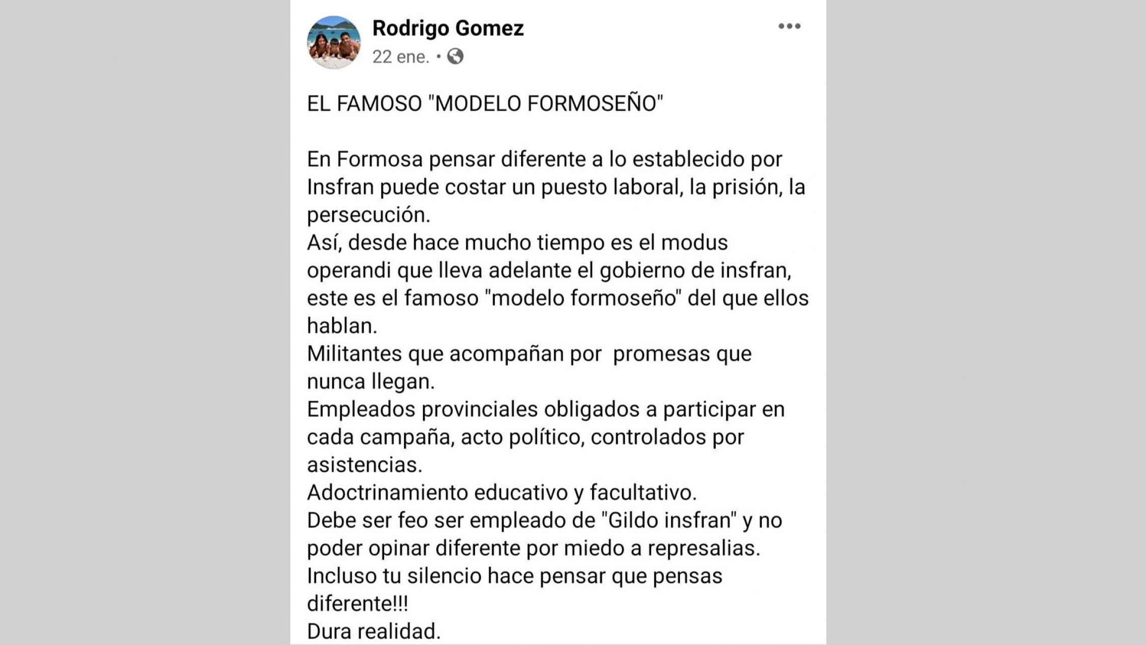 La dura carta de un formoseño contra Gildo Insfrán y su "modelo" de Gobierno