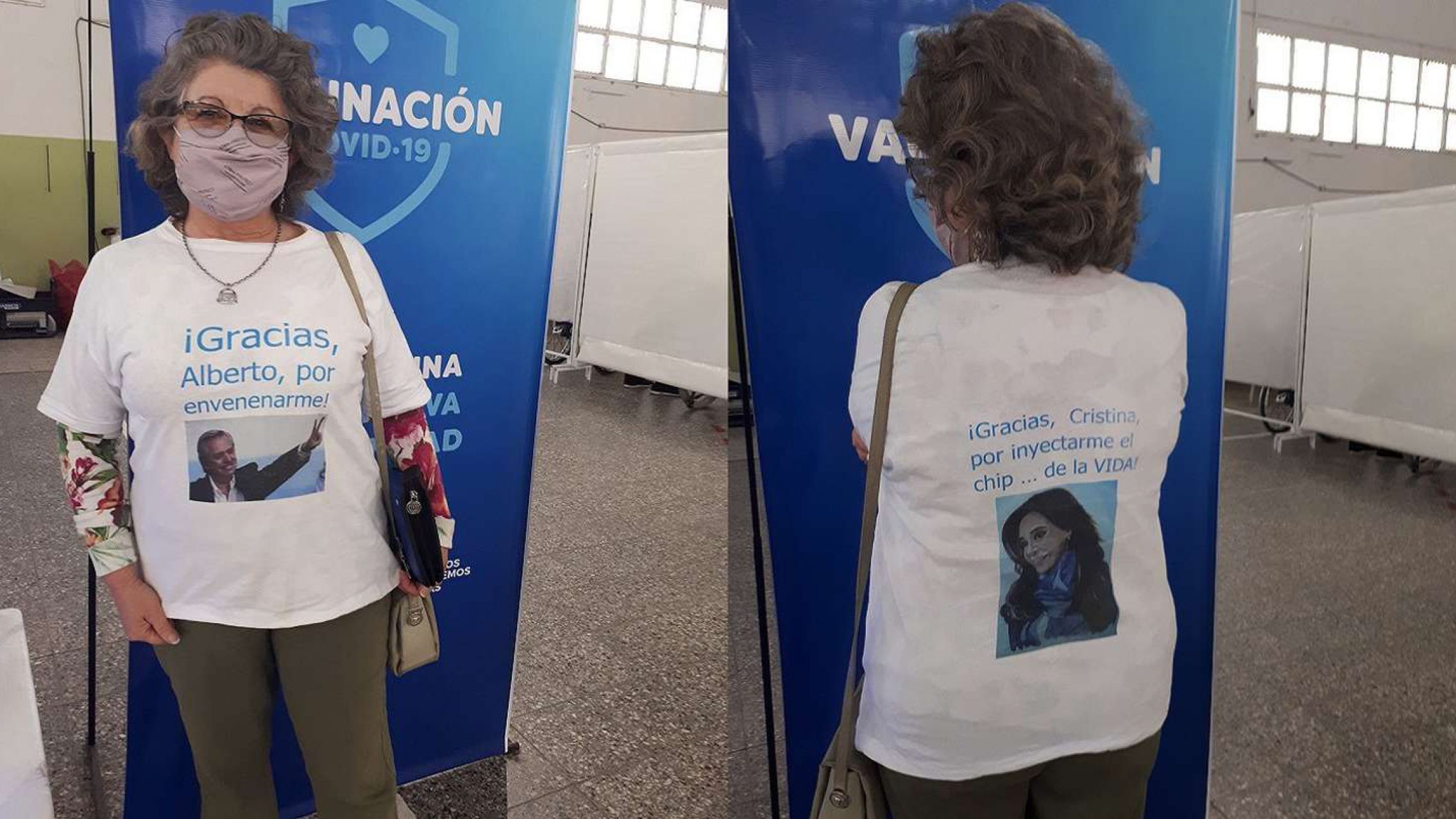 La curiosa remera que utilizó una jubilada para ir a vacunarse: "Gracias Alberto por envenenarme"